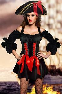 Sexy Pirate Costume Black boat neck long sleeve bows without hat necklace stocking pirates costumes Sunspice 80990.