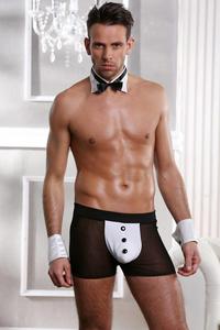 Mens Underwear sexy men servant black /white stretch elastane boxer, callor with bow cuffs funny tuxedo butler waiter costume server outfit  Sunspice 8057